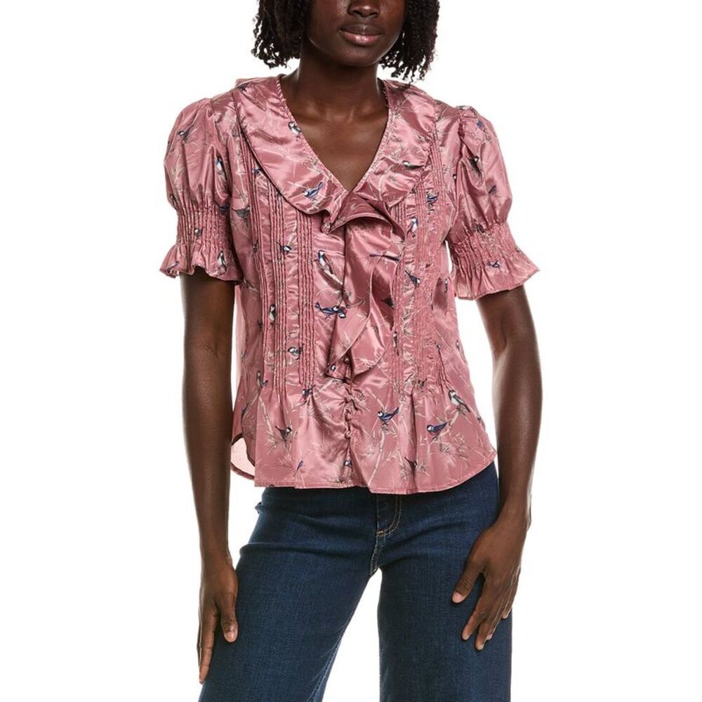 T Tahari Womens  Short Gathered Sleeve Ruffle Top, Pink